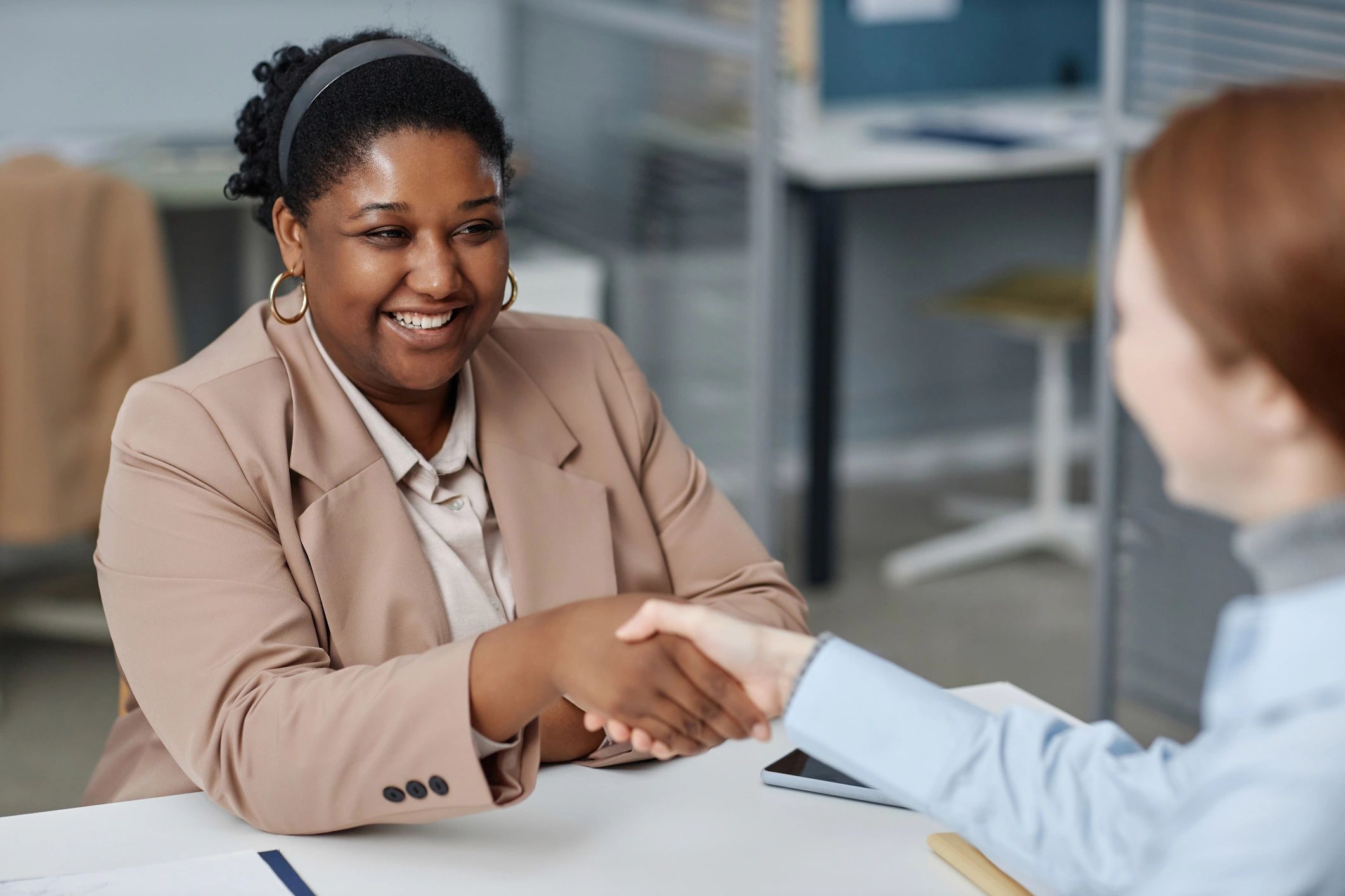 Professional job interview handshake in an office